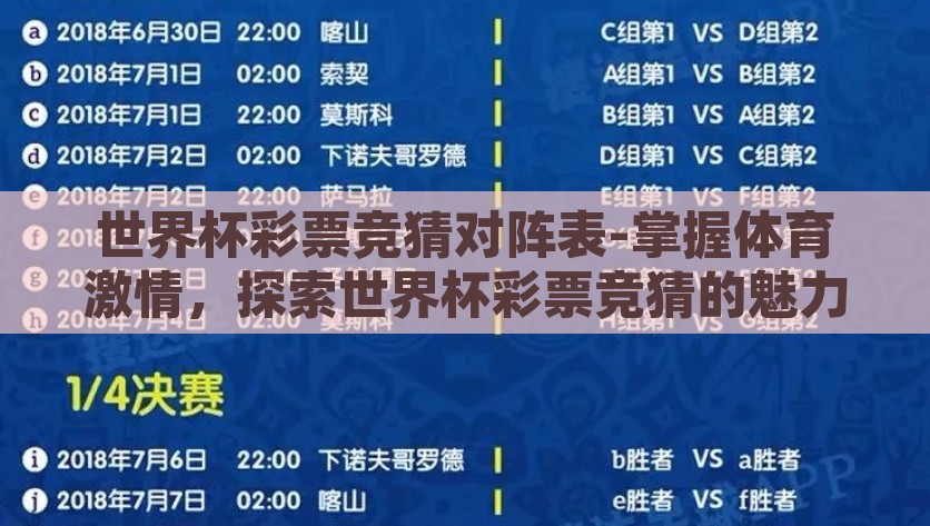 世界杯彩票竞猜对阵表-掌握体育激情，探索世界杯彩票竞猜的魅力与策略，解锁体育激情，探索世界杯彩票竞猜的魅力和策略